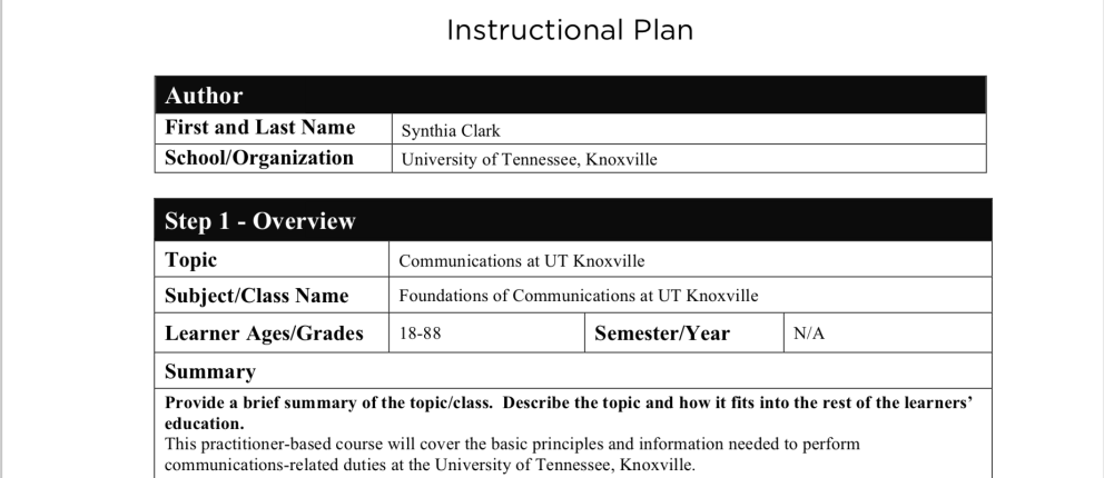 screenshot of Instructional Plan